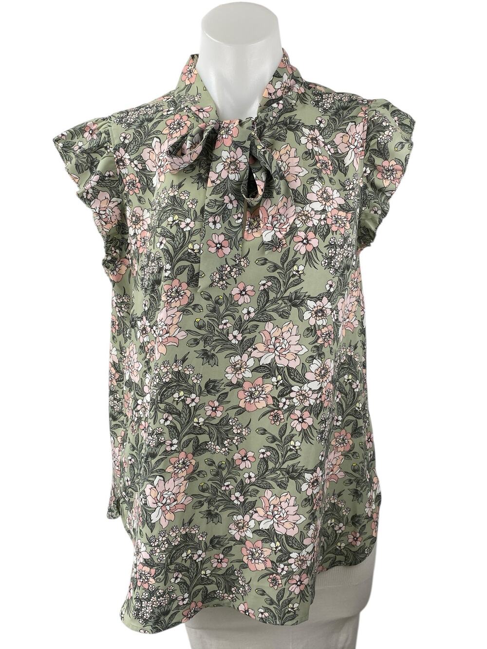 Ann Taylor LOFT Green Floral Ruffle Sleeve Tie Neck Bow Shirt Blouse Top Size M